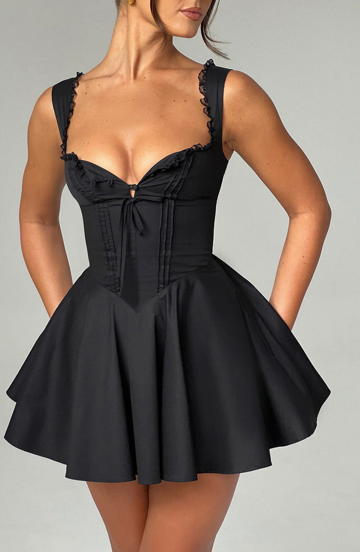 Women's Playful Short Dress with Feminine Lacing and Delicate Ruffle Details Lisslune