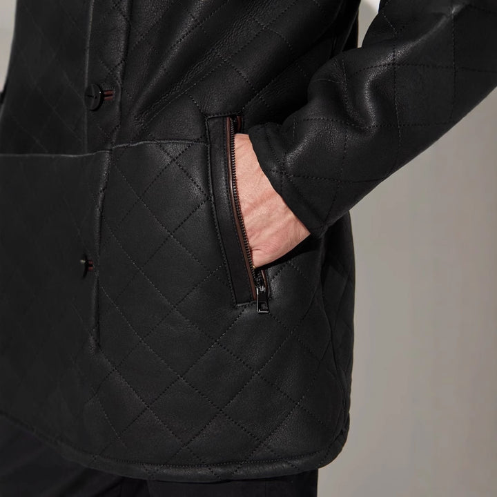 Men's quilted lamb leather coat with plush collar Lisslune