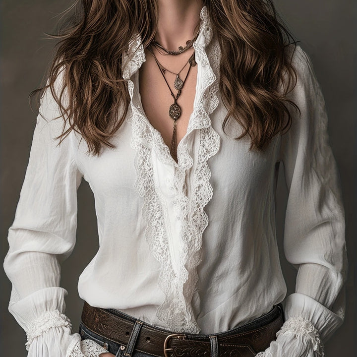 Damen elegante Bluse mit Rüschendetails und Spitzenbesatz Lisslune