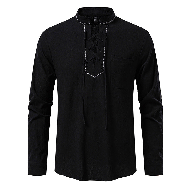 Men's long sleeve shirt with high-quality stand-up collar and decorative lacing Lisslune