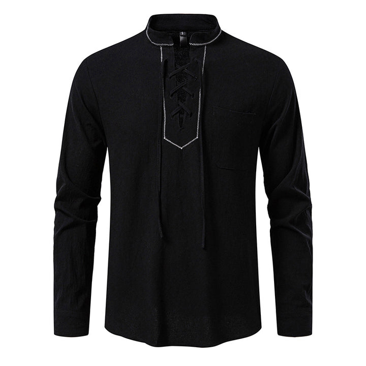 Men's long sleeve shirt with high-quality stand-up collar and decorative lacing Lisslune