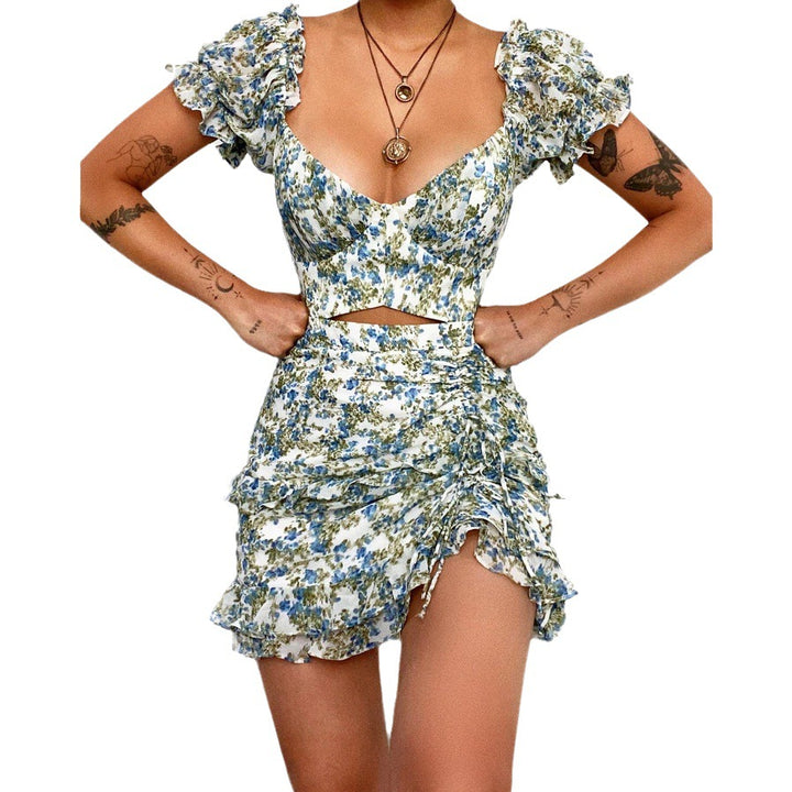 Ladies mini dress with off-the-shoulder design and floral ruffled hem Lune London