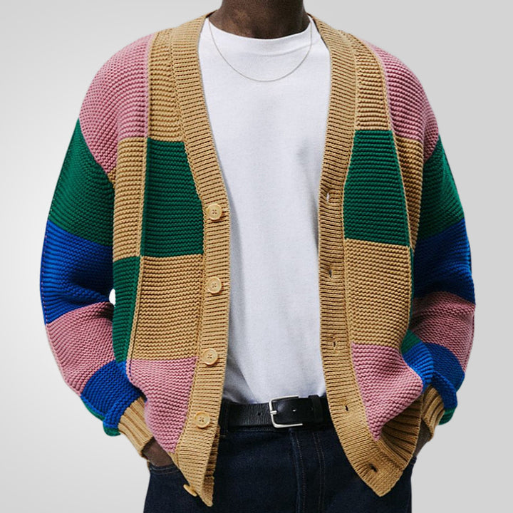 Men's cardigan with colorful block pattern and comfortable buttons Lisslune