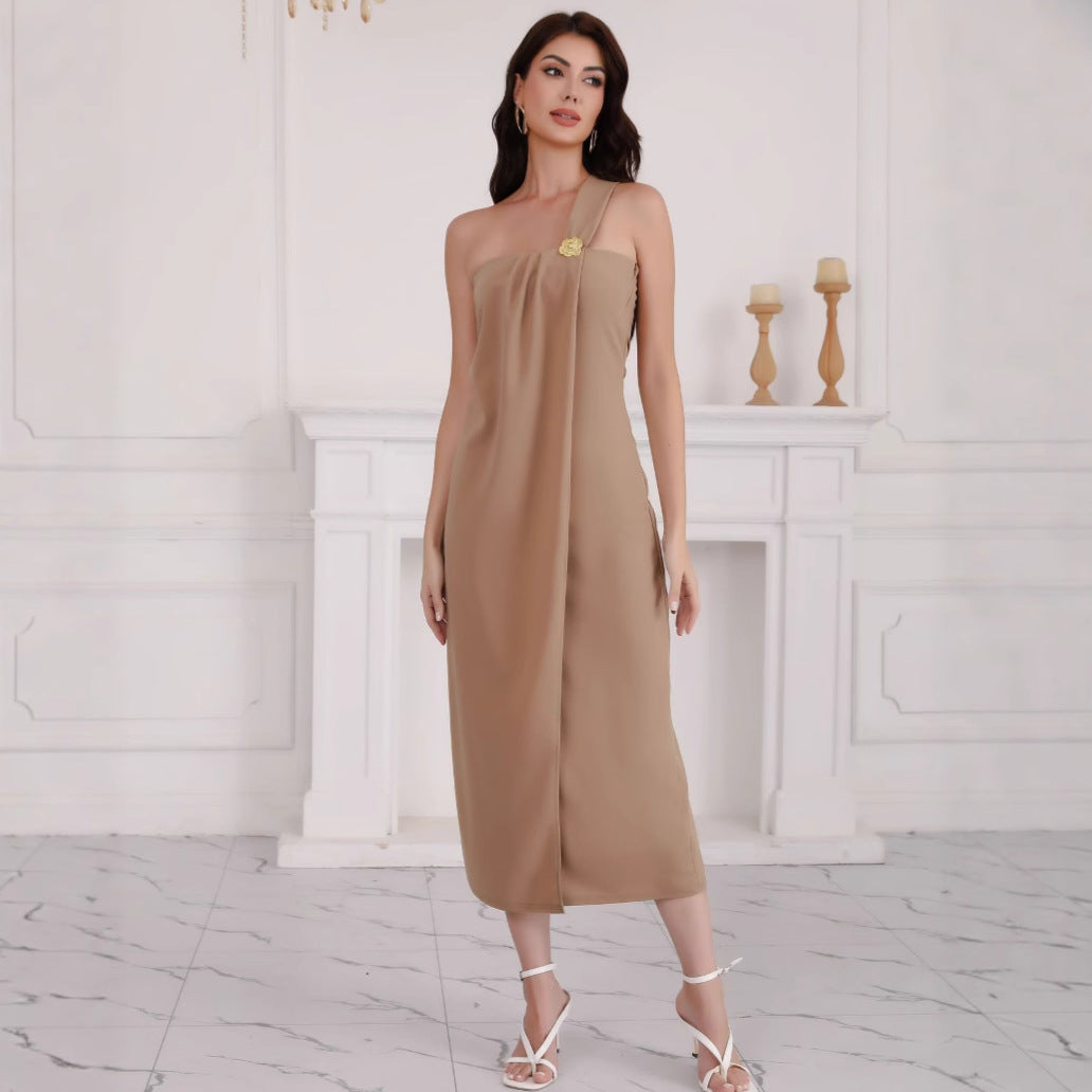 Women's elegant off-the-shoulder maxi dress with decorative detail
