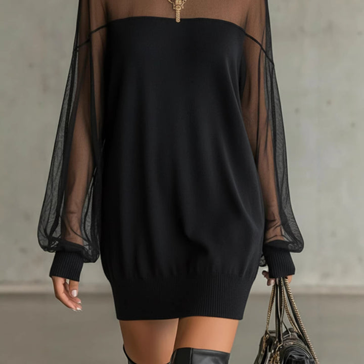 Women's Airy Mini Dress with Transparent Sleeve Parts and Stylish High Neck Lisslune