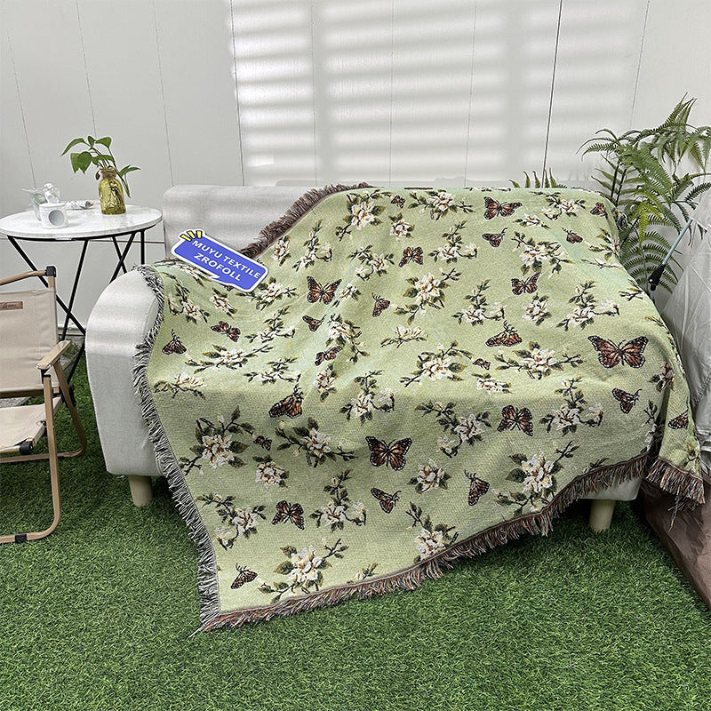 Rynx | Apartment decor inspiration Household flowers sofa blanket Polyester cotton 130 * 160cm with tassels Universal lounge blanket Coffee table tablecloth