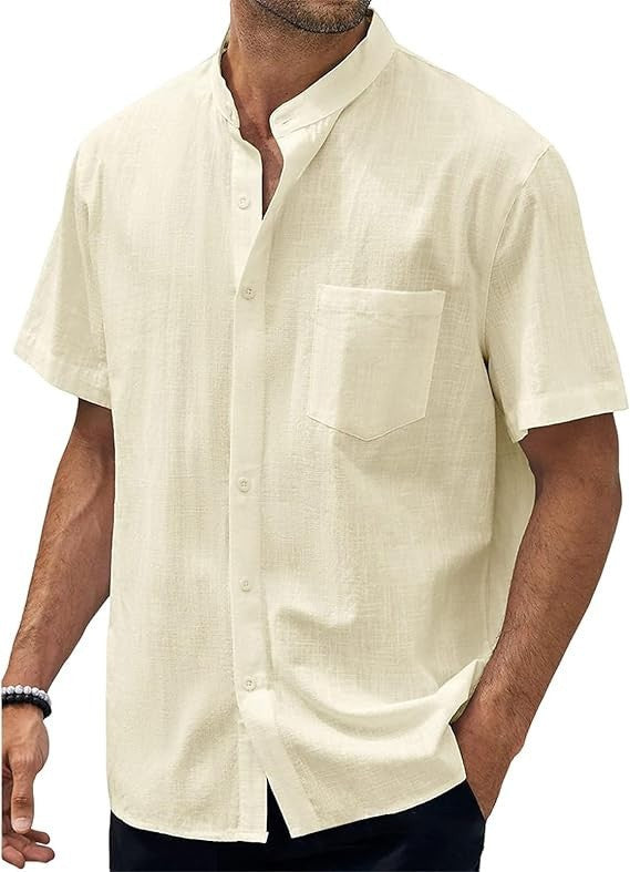 Men's short-sleeve shirt with modern standing collar and practical chest pocket Lisslune 1759193085