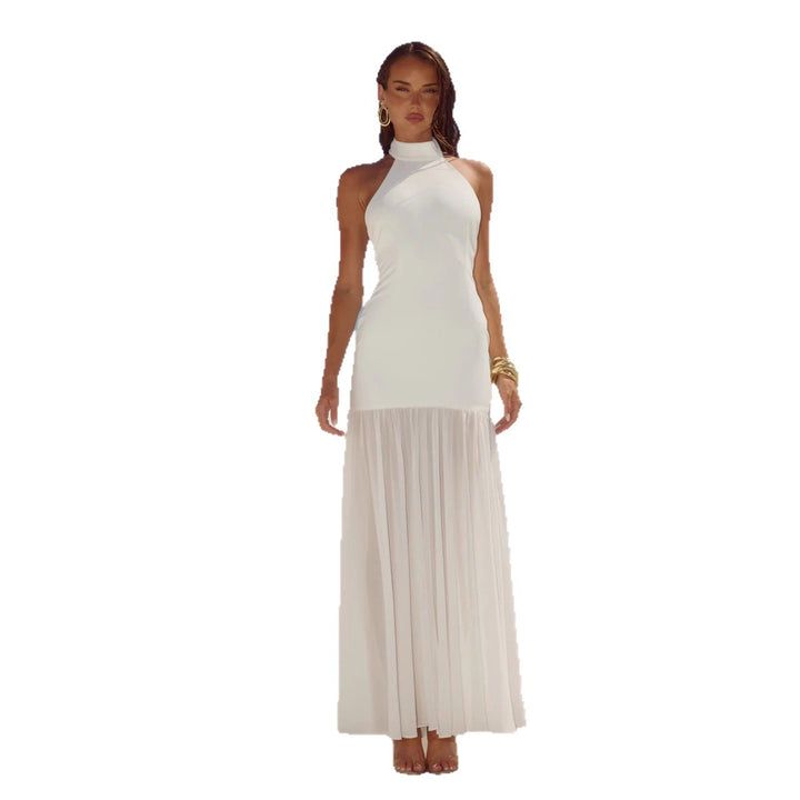Women's maxi dress with high-neck design and flowing skirt