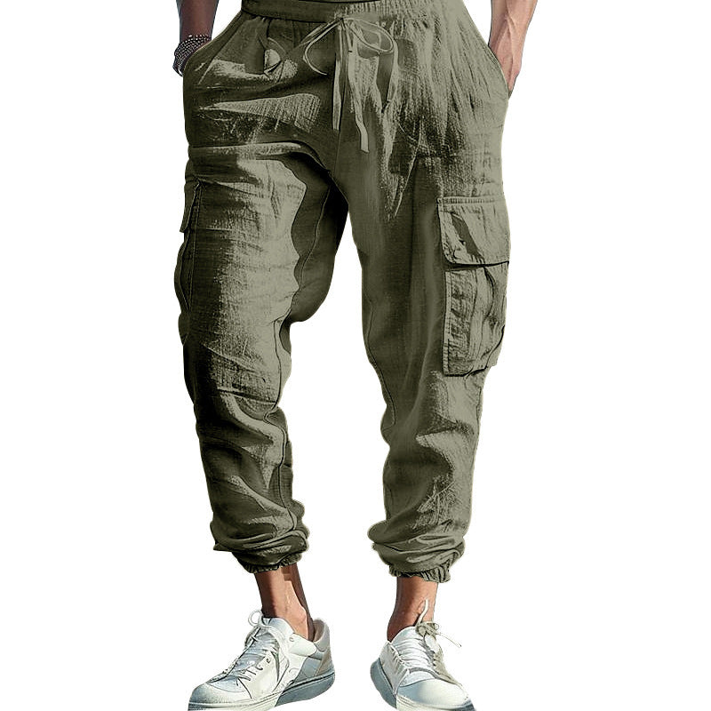 Men's comfortable cargo pants made of lightweight linen material with elastic waistband and practical side pockets Lisslune