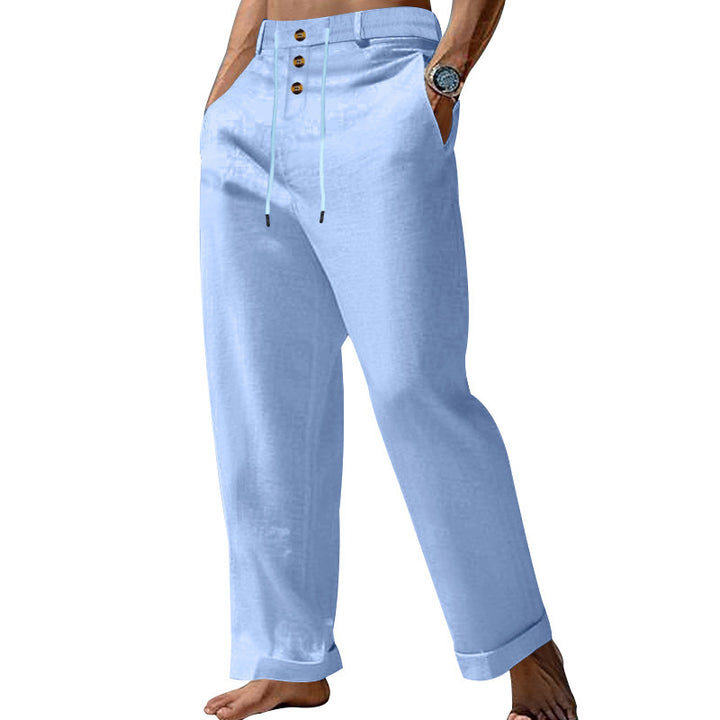 Men's elegant linen pants with adjustable drawstring and button details Lisslune
