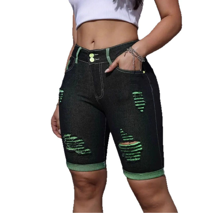 Women's Destroyed Denim Shorts with Eye-catching Accents and High Waist