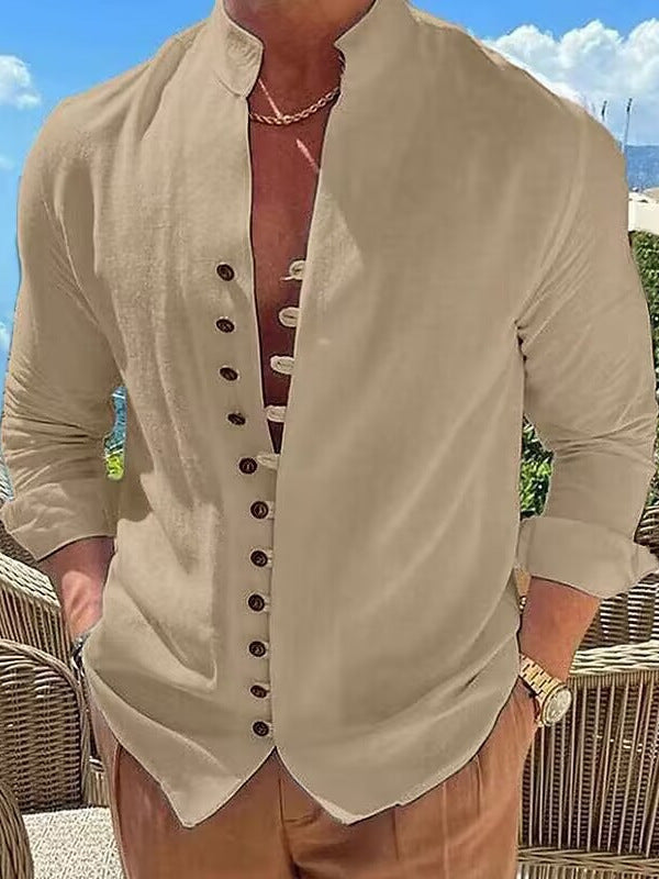 Men's cotton shirt with fashionable stand-up collar and decorative button placket Lisslune