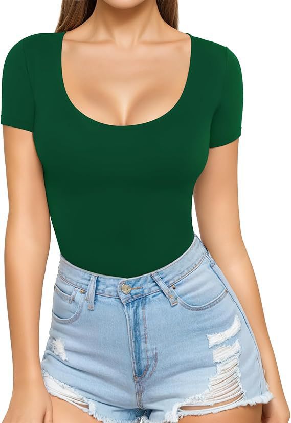 Damen figurbetontes Kurzarm-Body mit rundem Ausschnitt und nahtlosem Design Lisslune