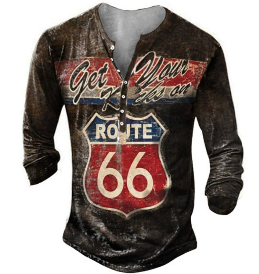 Men's Long Sleeve Henley Shirt with Creative Vintage Route 66 Print and High-Quality CottonBlend Lisslune