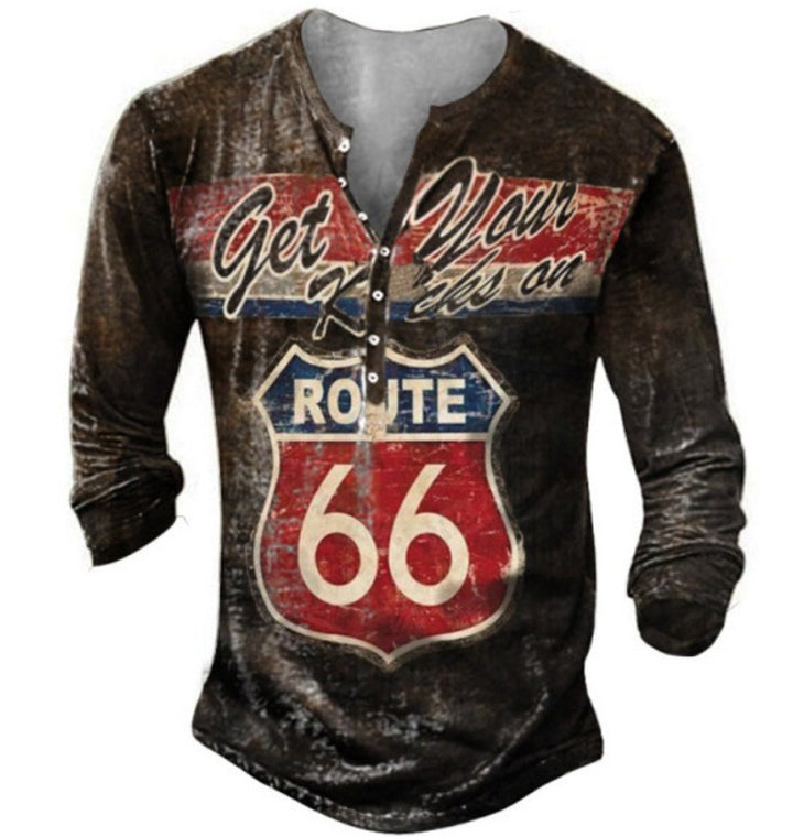 Men's Long Sleeve Henley Shirt with Creative Vintage Route 66 Print and High-Quality CottonBlend Lisslune
