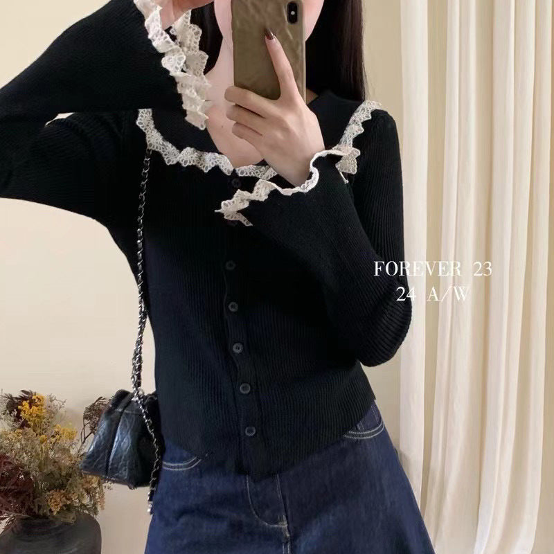 Women's Long Sleeve Ribbed Top with Lace Details