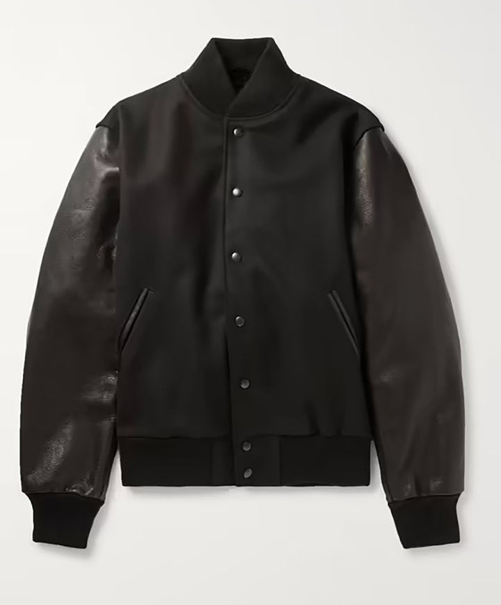 Men's stylish college jacket with leather sleeves Lisslune