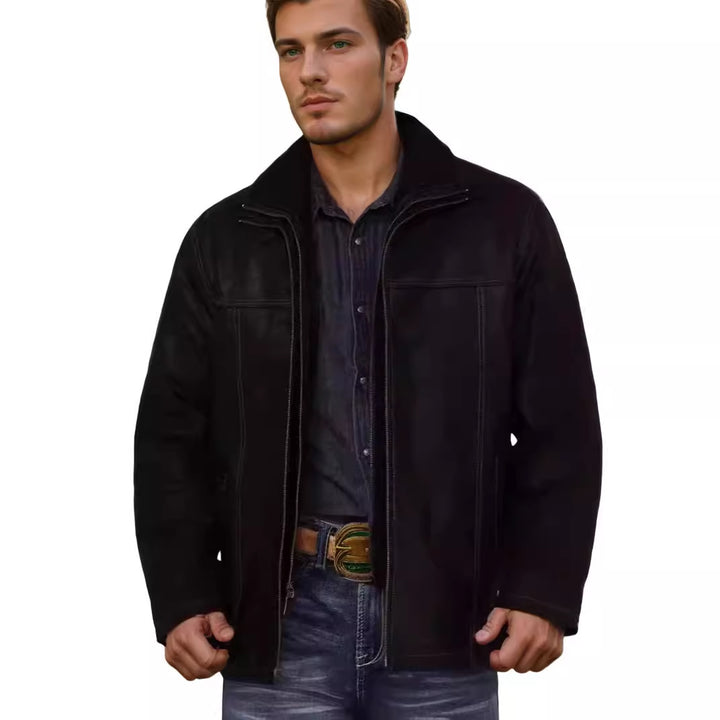 Men's Lambskin Jacket with Wide Collar and Practical Pockets Lisslune