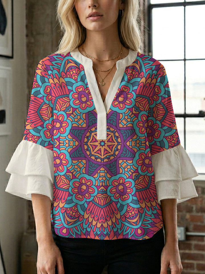 Ladies elegant blouse shirt with voluminous puff sleeves and graphic floral design Lisslune