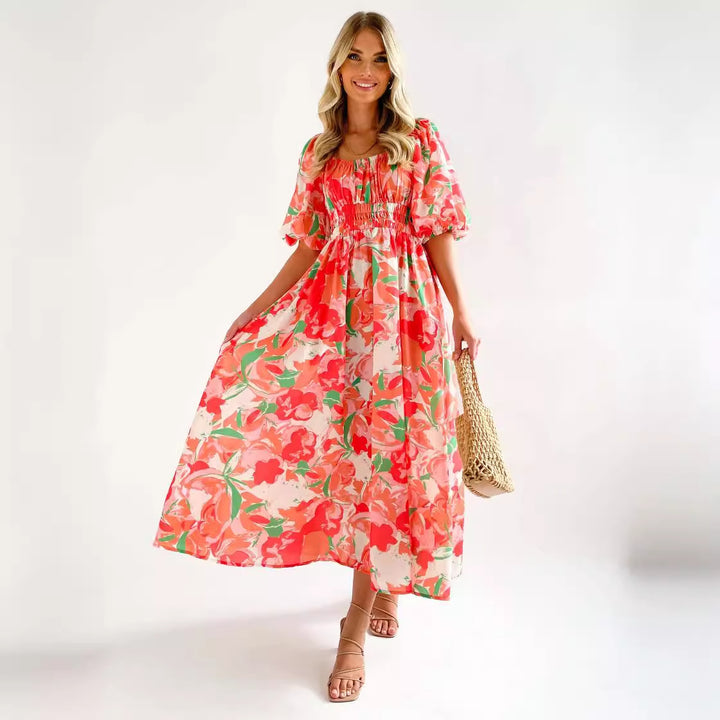 Women's Off-Shoulder Maxi Dress with Floral Patterns and Elastic Waist Lisslune