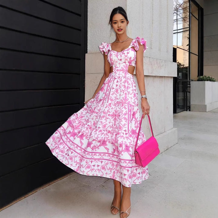Ladies Elegant Maxi Dress with Cut-out Design and Ruffle Details