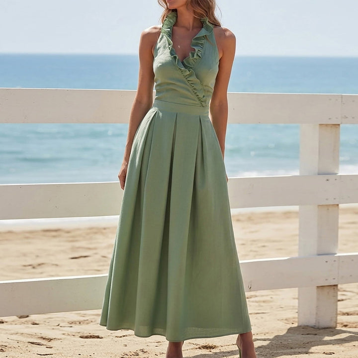 Ladies Elegant Maxi Dress with Playful Ruffle Neckline and Tailored Fit Lisslune