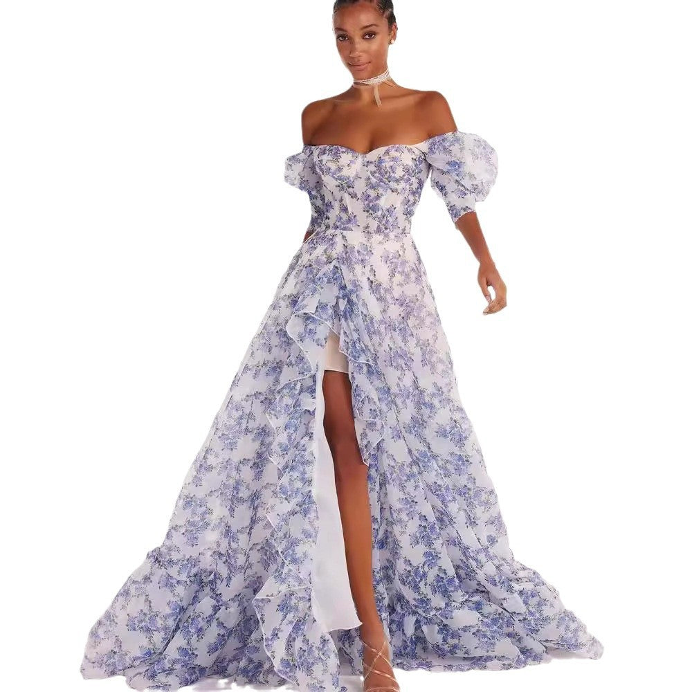 Women's festive maxi dress with off-shoulder design and floral ruffle details
