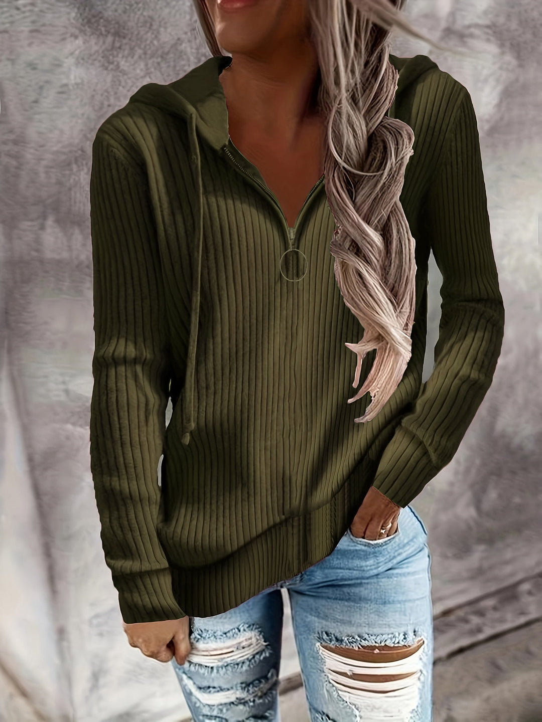 Damen Hoodie mit Reißverschluss und Lässigem Rippenstrickdesign Lisslune