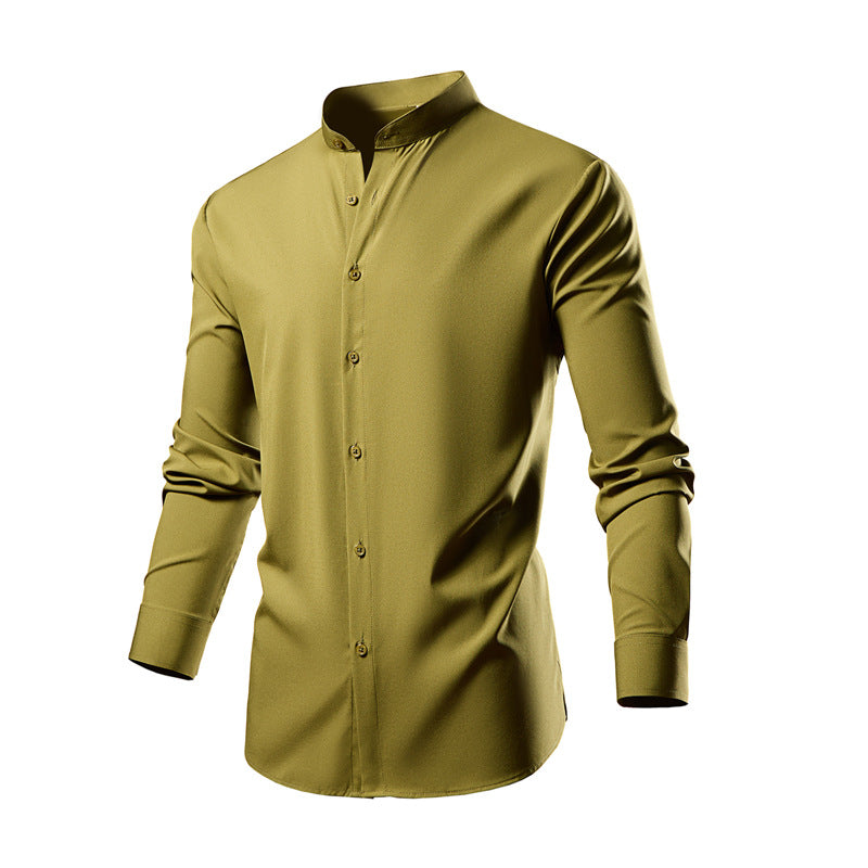 Men's Long Sleeve Kimono Shirt with Modern Stand-Up Collar and Elegant Button Details Lisslune