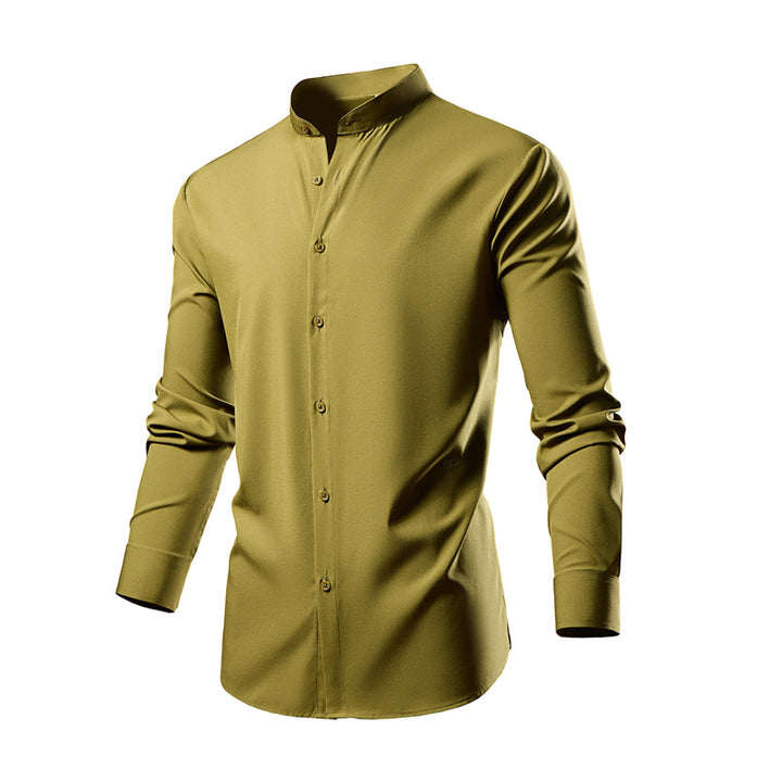 Men's Long Sleeve Kimono Shirt with Modern Stand-Up Collar and Elegant Button Details Lisslune