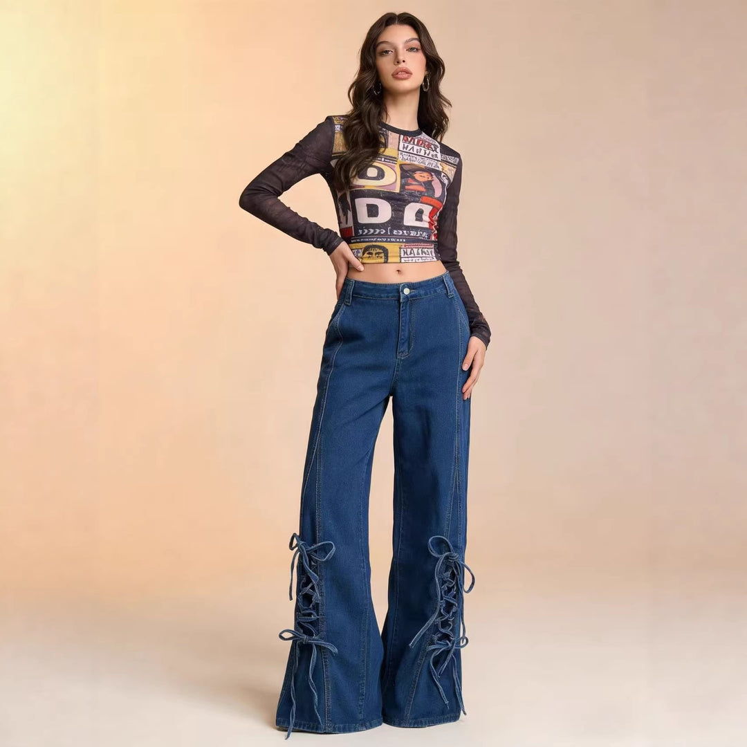 Damen Schlagjeans mit trendigem Schnürdetail und weitem Bein Lisslune