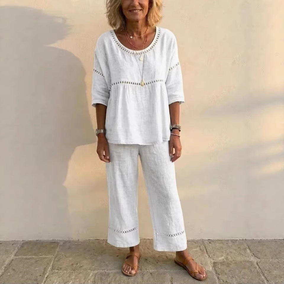 Women's Complete Loungewear Set Made of Linen with Airy Fit and Lace Details Lisslune