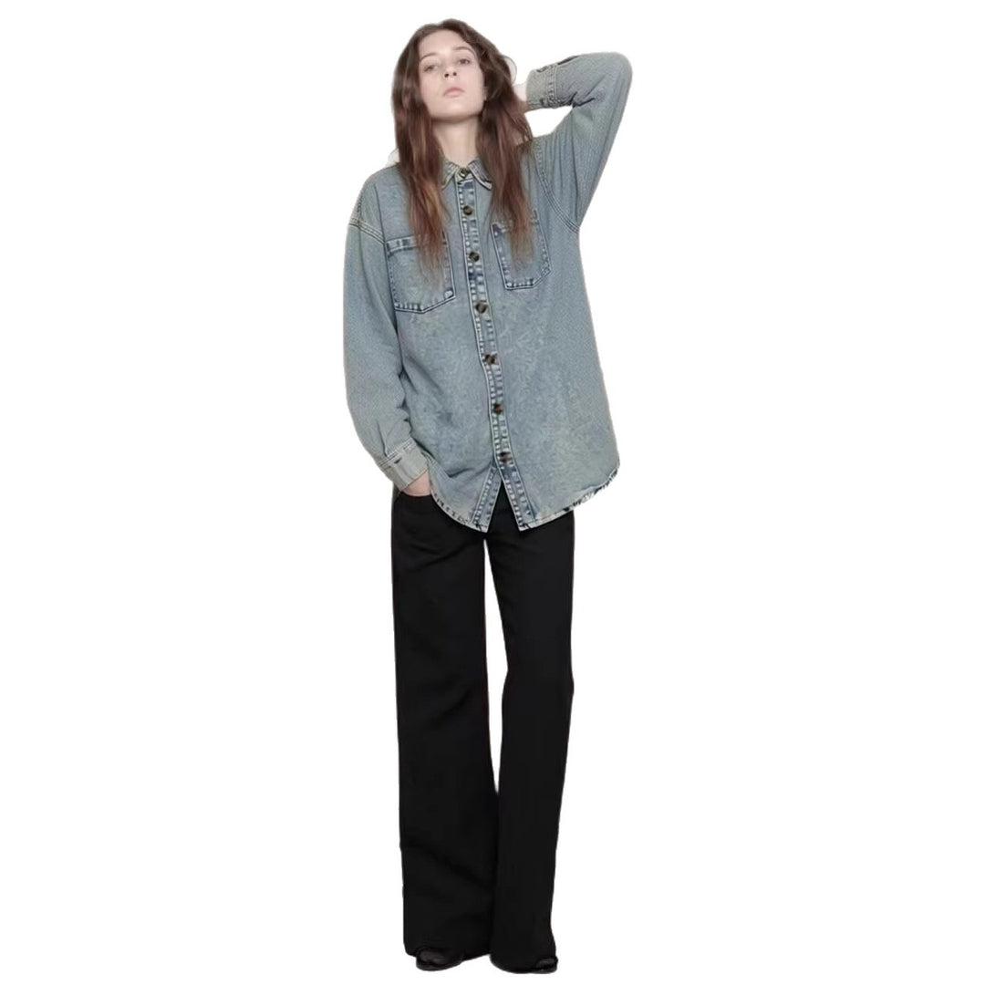 Women's Oversized Denim Shirt with Patch Pockets Lisslune
