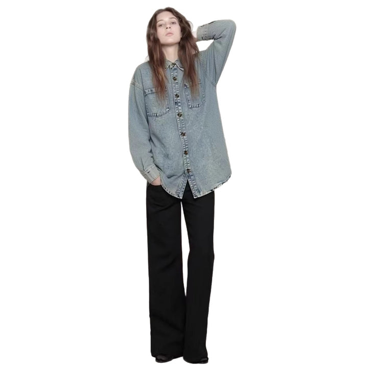 Women's Oversized Denim Shirt with Patch Pockets Lisslune