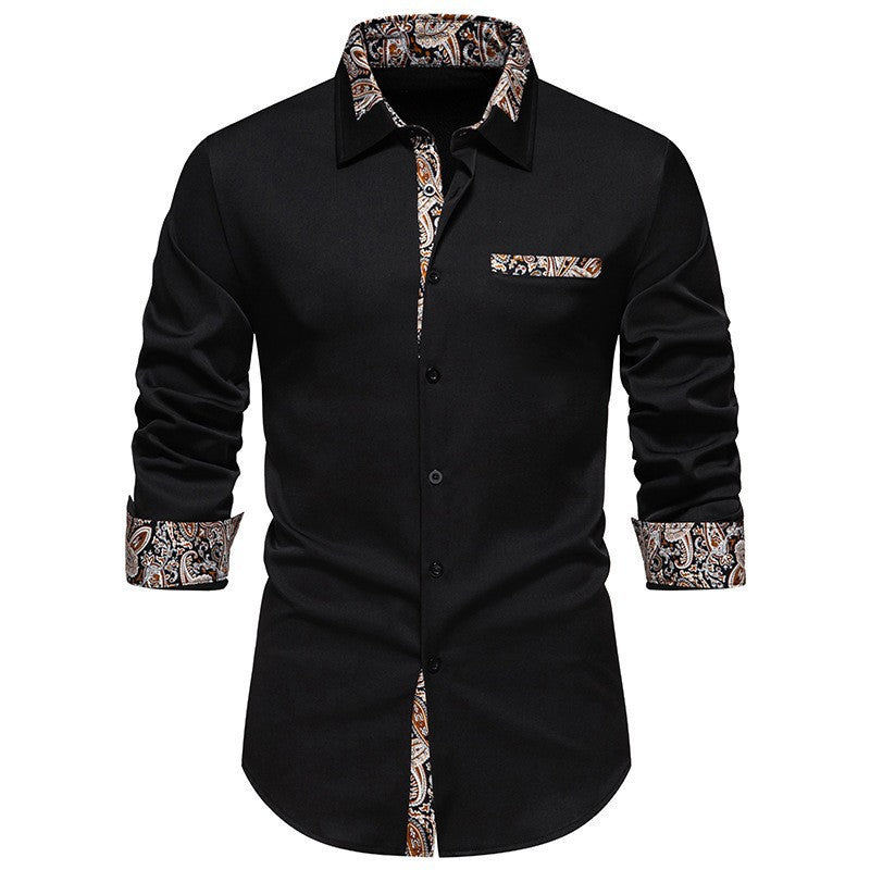 Men's long-sleeve shirt with detailed paisley pattern on collar and cuffs Lisslune