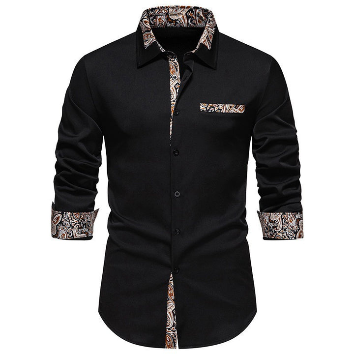 Men's long-sleeve shirt with detailed paisley pattern on collar and cuffs Lisslune
