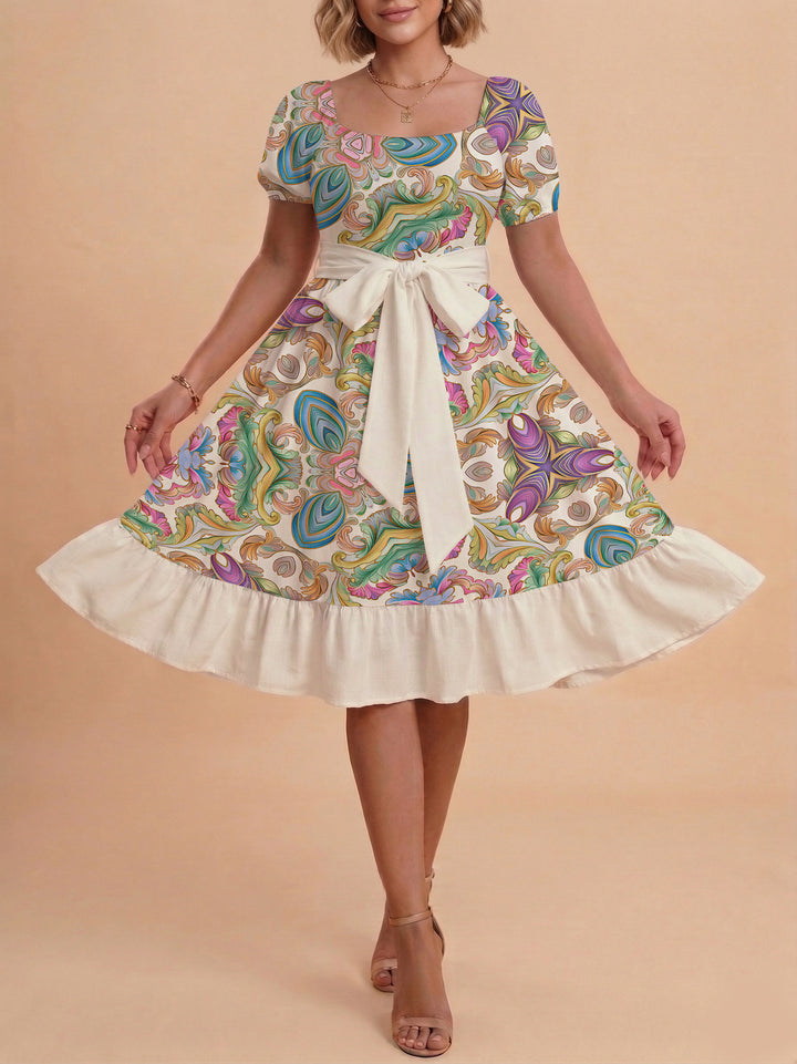 Women's elegant maxi dress with floral design and waist belt Lisslune