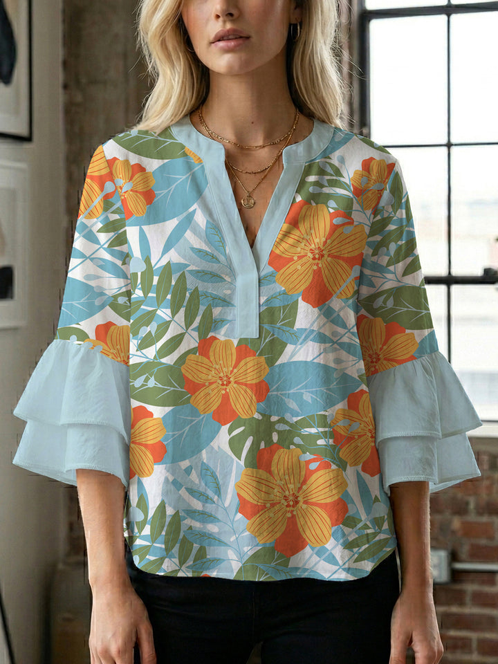 Ladies elegant blouse shirt with voluminous puff sleeves and graphic floral design Lisslune