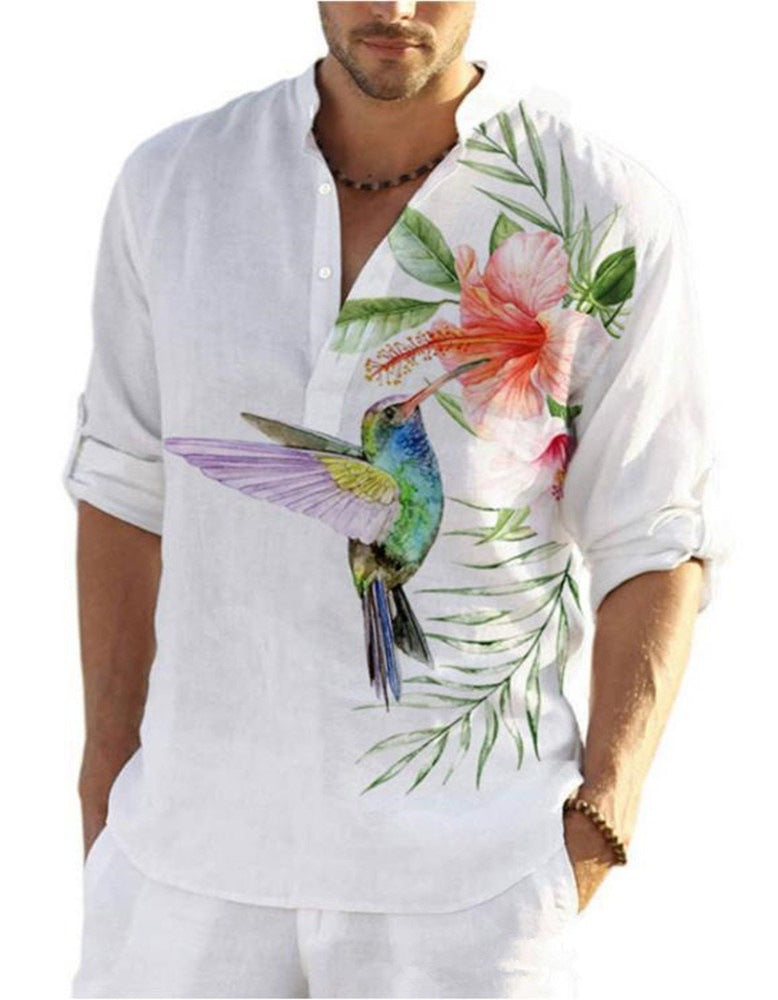 Men's linen shirt with unique feather design and button-down collar Lisslune