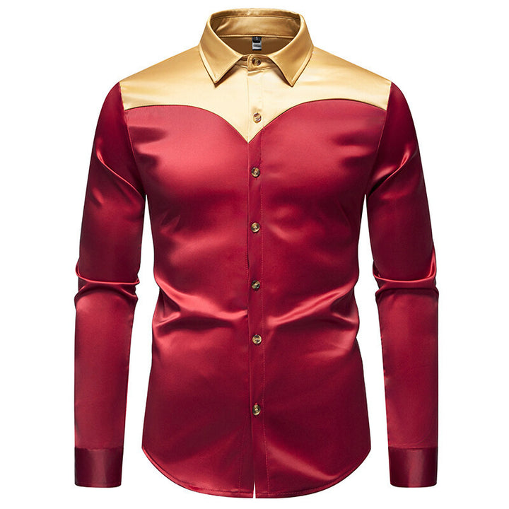 Men's Elegant Shiny Long Sleeve Shirt with Contrasting Collar Lisslune
