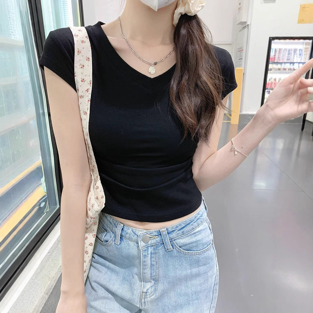 Women's Cropped T-Shirt with V-Neck and Fitted Cut