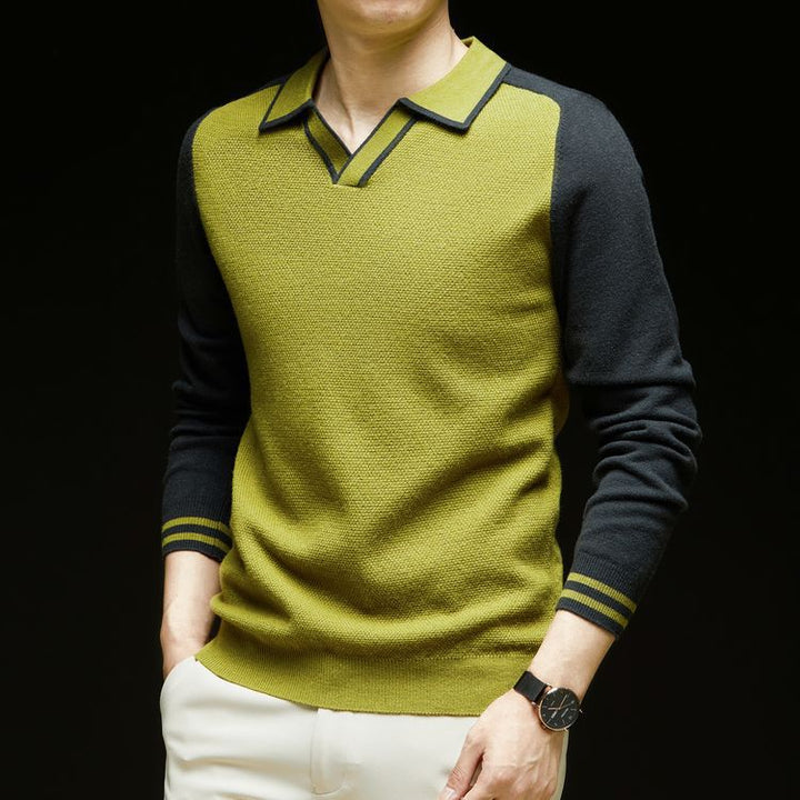 Men's fine-knit pullover with V-neck and fashionable contrast design Lisslune