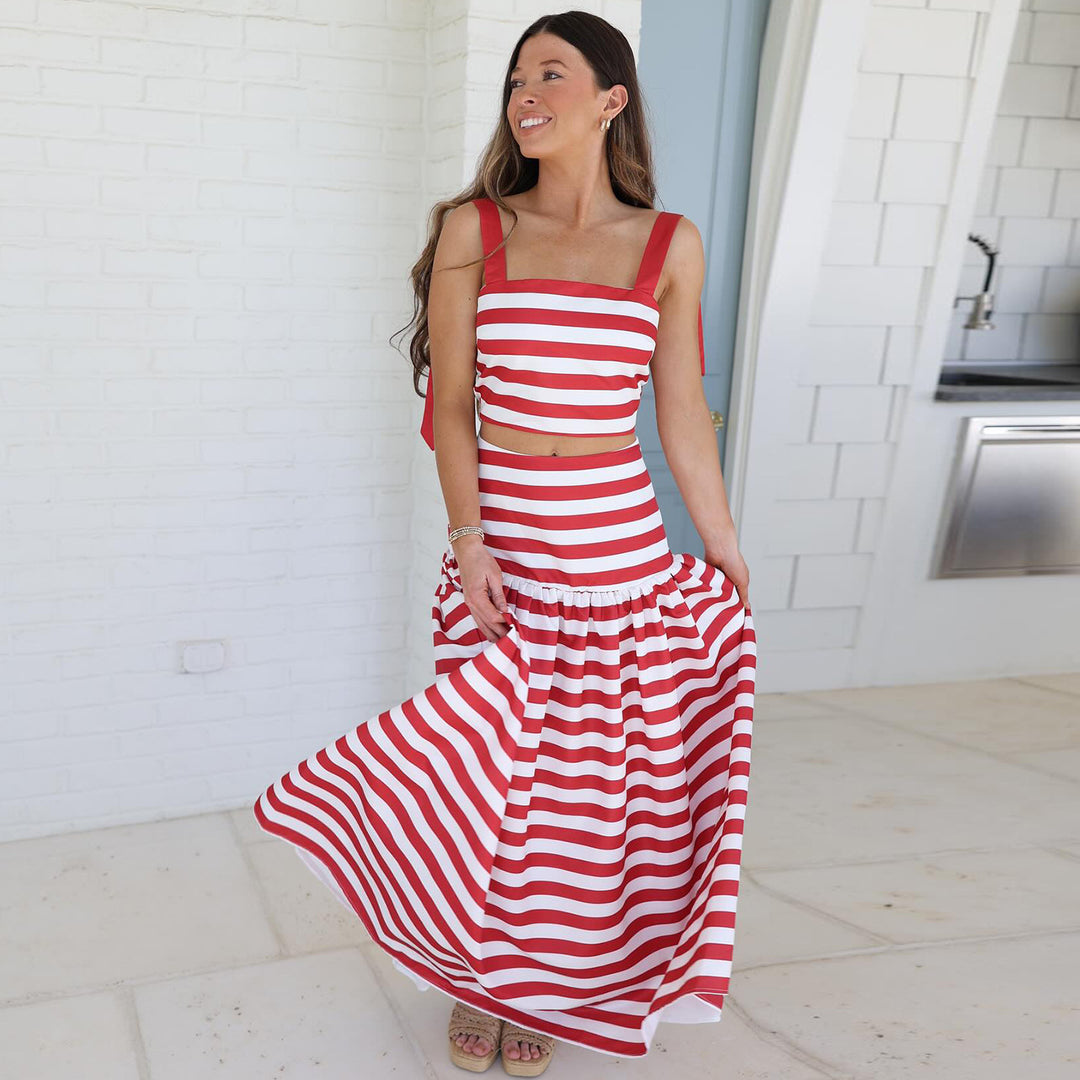 Women's Two-Piece Striped Top and Maxi Skirt Set with Playful Ruffle Detail Lisslune