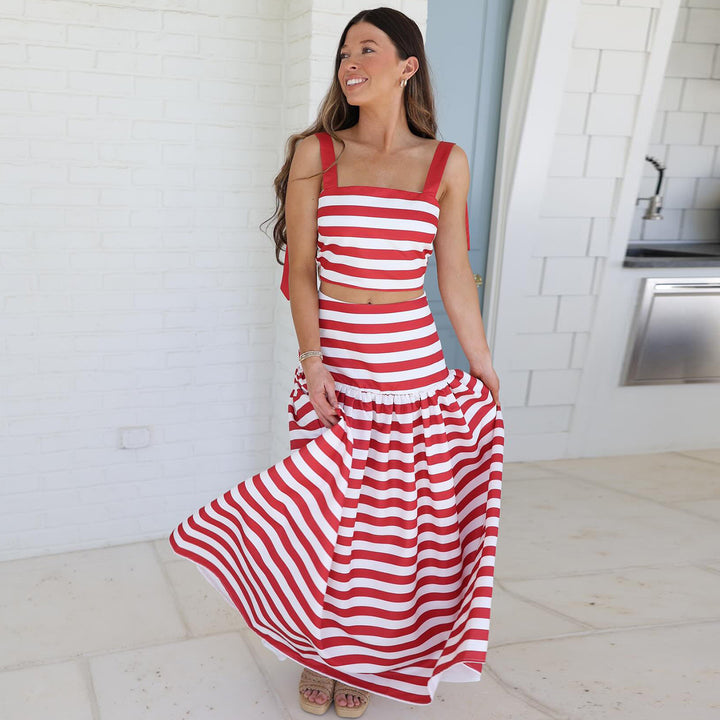 Women's Two-Piece Striped Top and Maxi Skirt Set with Playful Ruffle Detail Lisslune