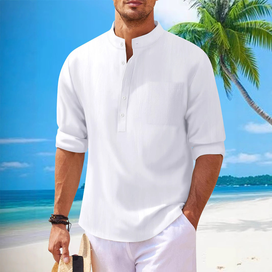 Men's long sleeve shirt with modern stand-up collar and practical chest pocket Lisslune