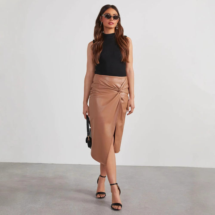 Women's synthetic leather skirt with asymmetrical cut and decorative knot Lune London
