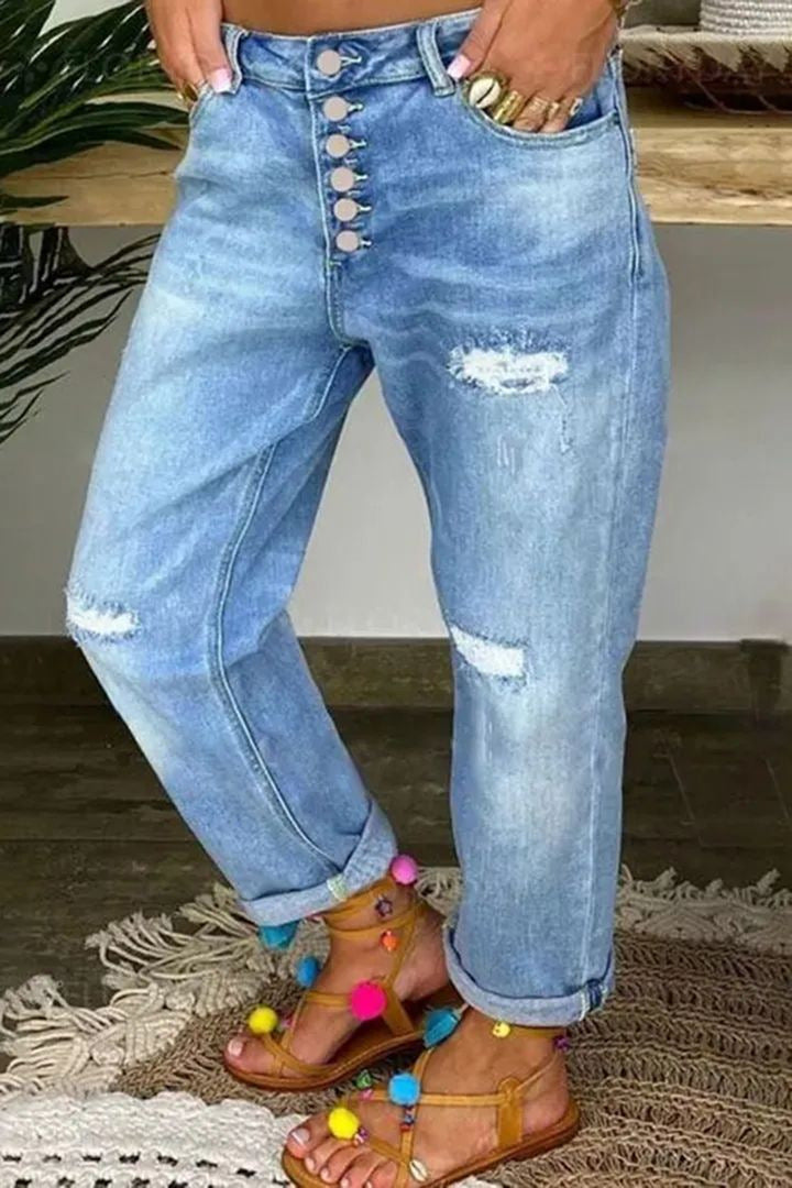 Women's Mom Jeans with button closure and stylish distressed details
