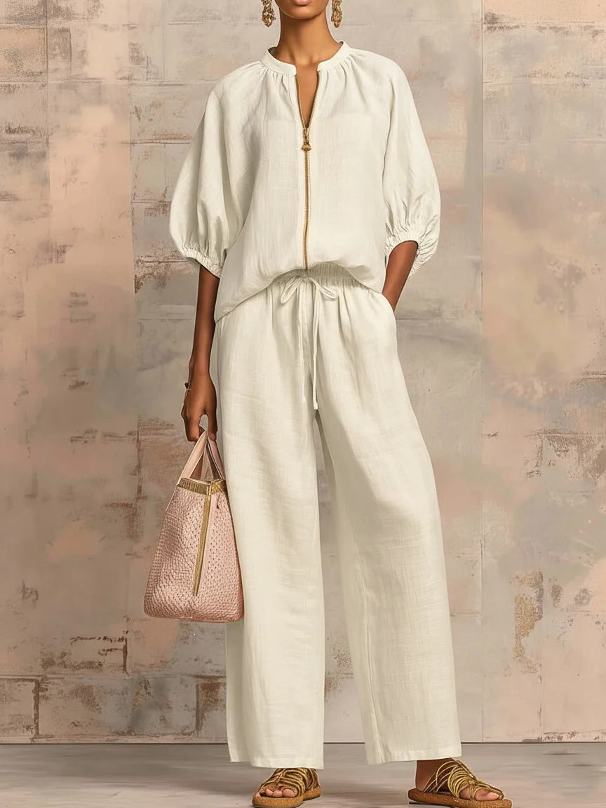 Ladies Airy Two-Piece with Modern Collar and Zipper Lisslune