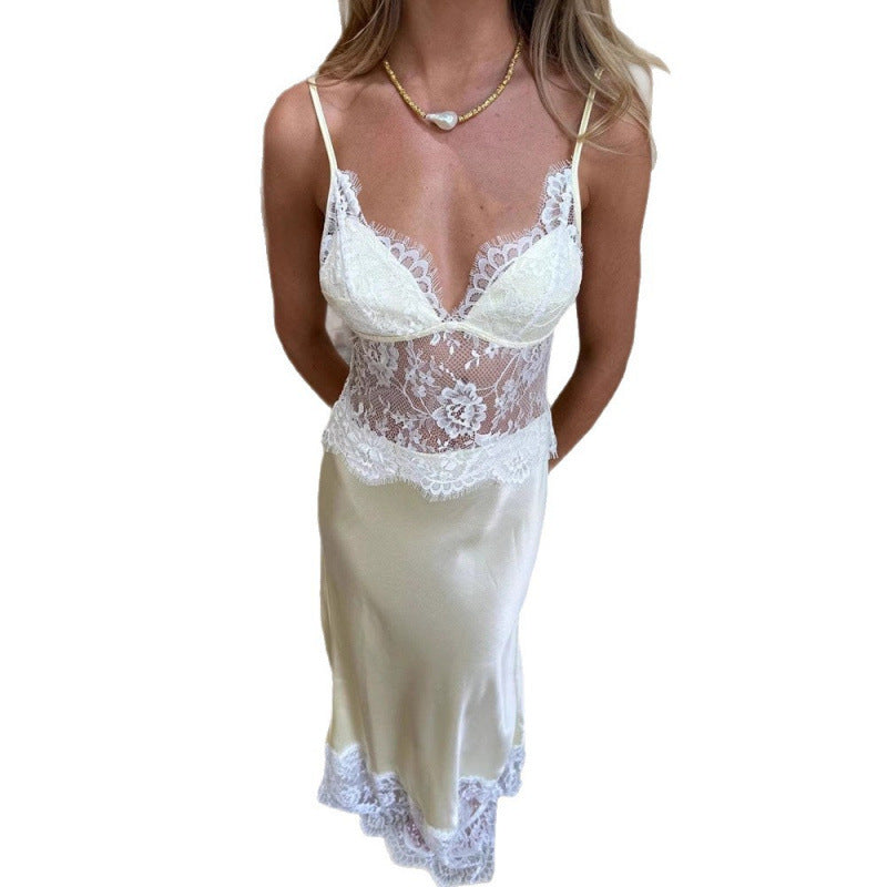 Damen Elegantes Nachtkleid mit transparentem Spitzeneinsatz und verstellbaren Trägern Lisslune