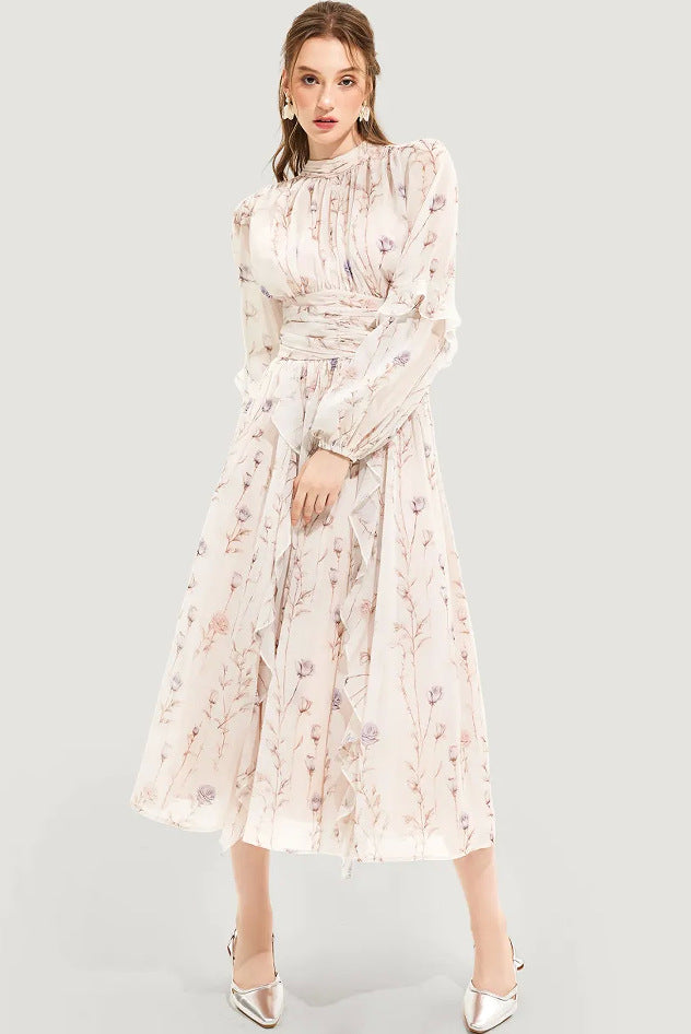 Women's midi dress with floral embroidery and elegant ruffled hem Lisslune